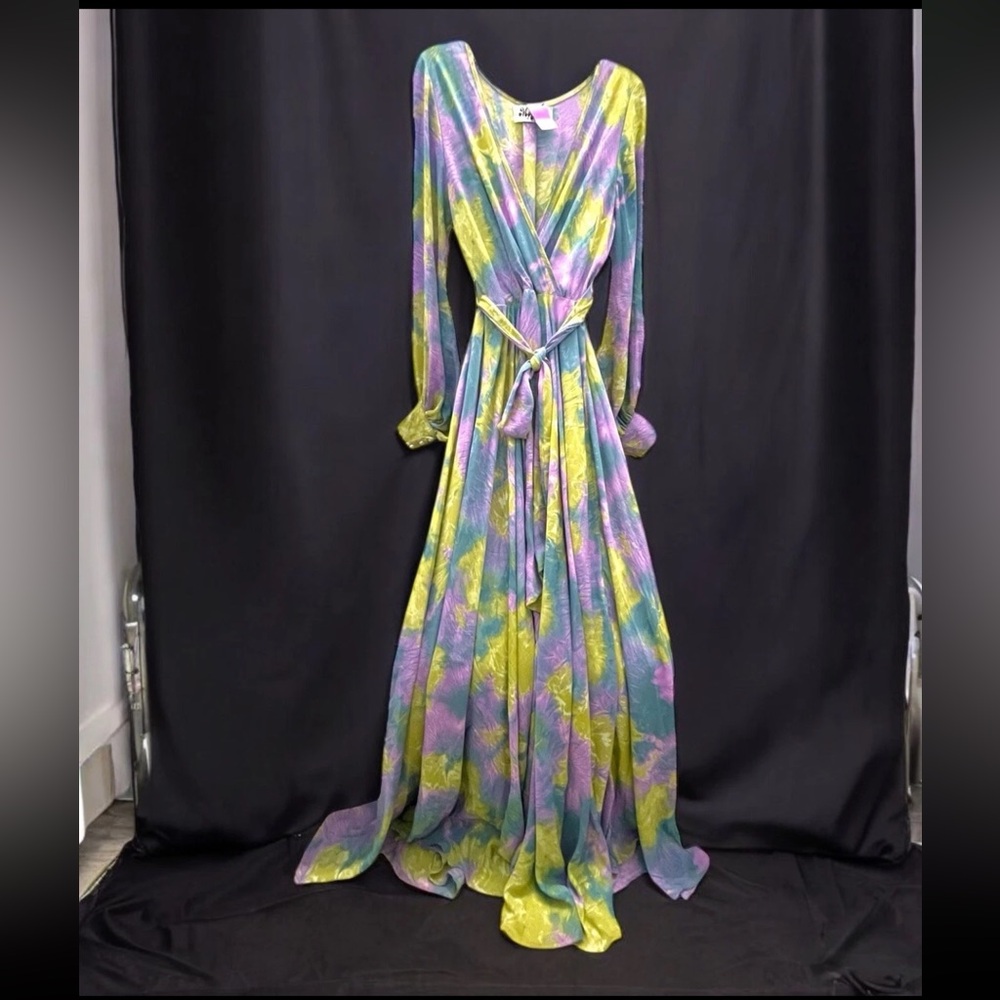 Meghan Los Angeles Bright Yellow Lily Pad Tropical Floral Long Maxi Dress Size M